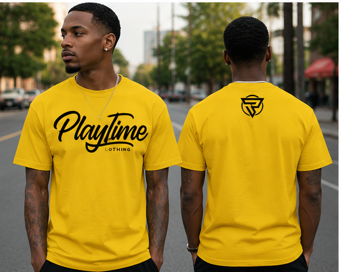 Male model wearing yellow Playtime Tee, front and back views
