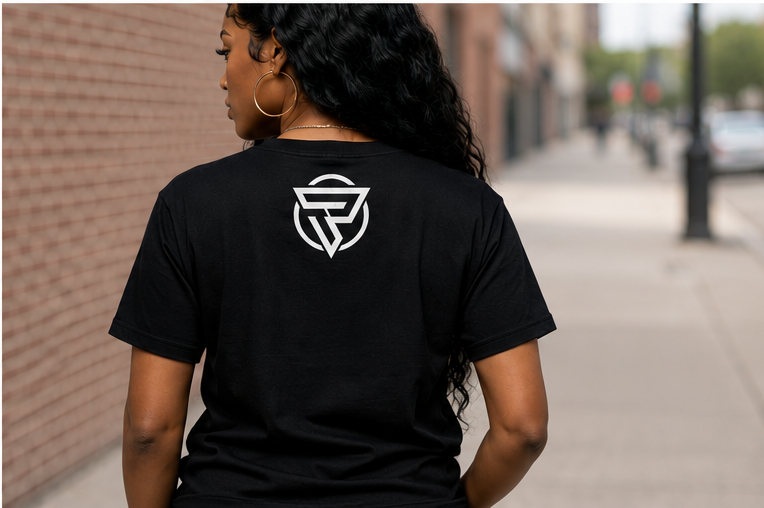 Black female model wearing Back to the Streets Tee back view