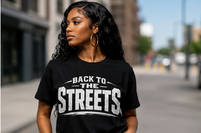Black female model wearing Back to the Streets Tee front view
