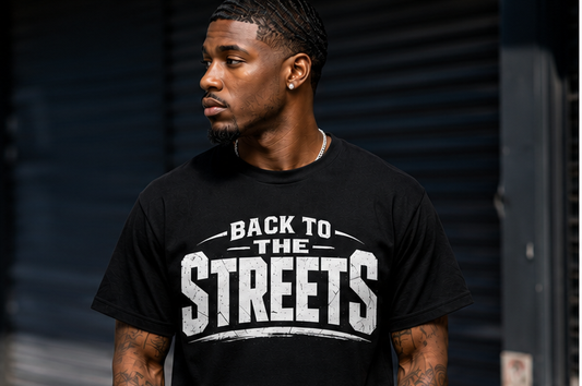 Black male model wearing Back to the Streets Tee front view