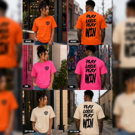 Play 2 Lose R Play 2 Win graphic tee in orange, pink, and soft cream showing front and back mockups