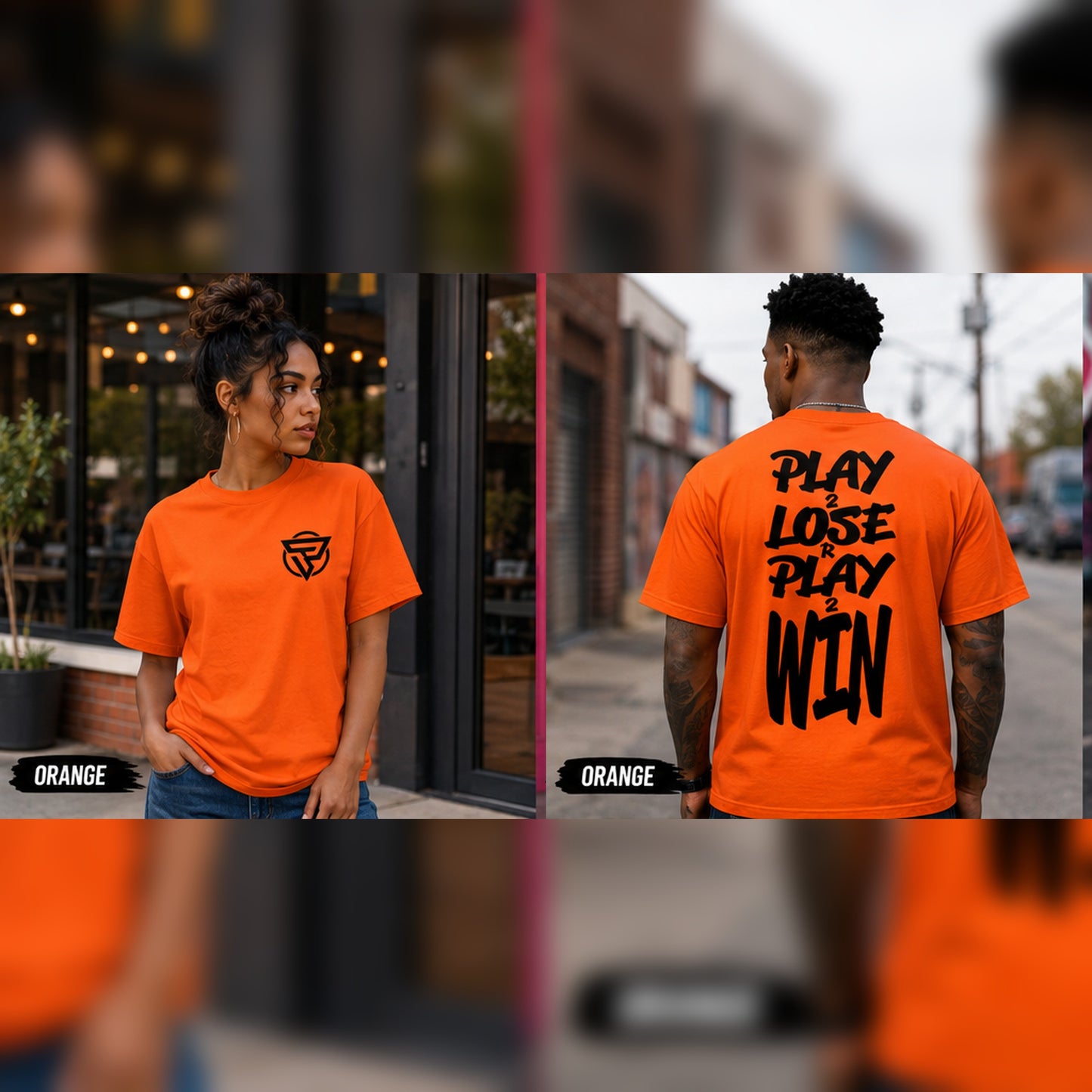 Orange Play 2 Lose R Play 2 Win graphic tee front chest logo and large back print