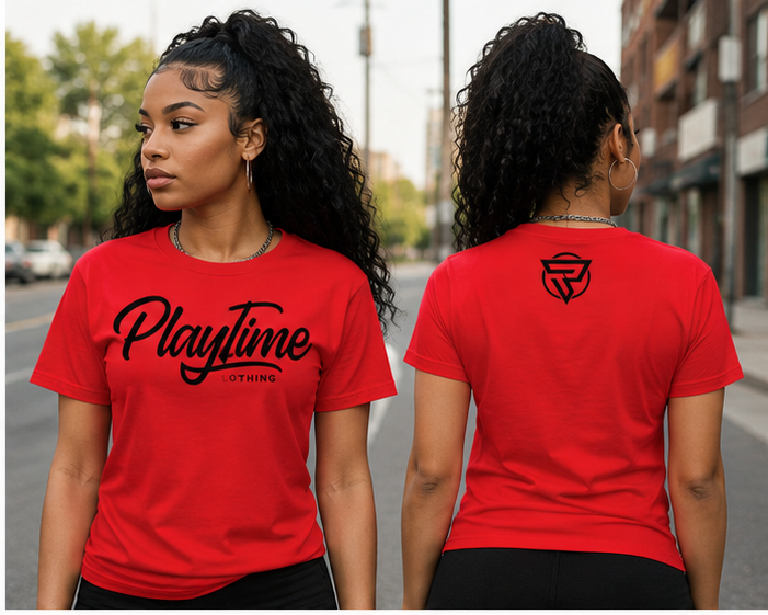 Female model wearing red Playtime Tee, front and back views