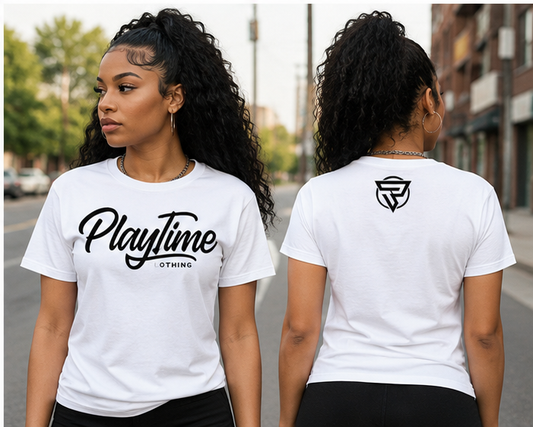 Female model wearing white Playtime Tee, front and back views