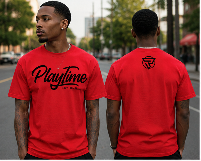 Male model wearing red Playtime Tee, front and back views